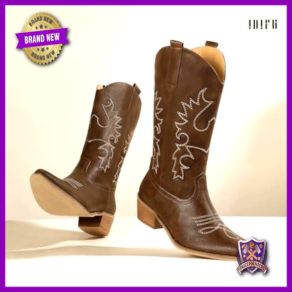 Women's Western Cowboy Boots Mid Calf Embroidered Chunky Low Heel Pointed Toe - Picture 5 of 7